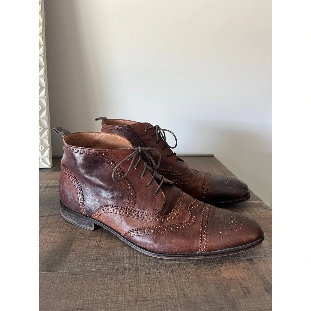 Mikekonos Mens 13 Brown Leather Wingtip Brogue Ankle Boots Made in Italy